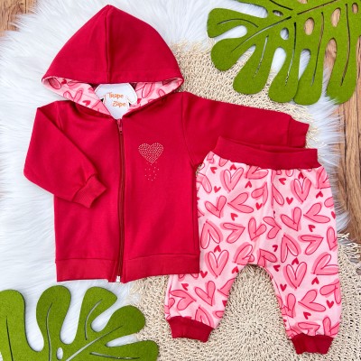 Conj. Jaqueta com Capuz e Calça de Moletom com Corações - Vermelho 